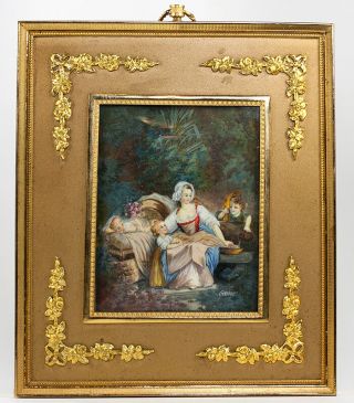 Lovely Antique 19th C.  Signed 7 " Miniature Painting In Dore Bronze French Frame