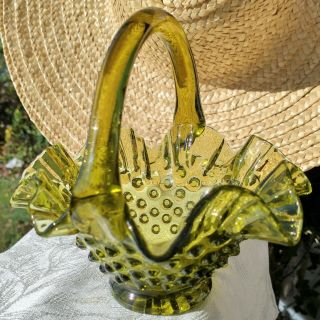 Vintage Fenton Olive Green Glass Hobnail Basket Wavy Rim Applied Handle 6 " Usa