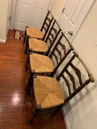 4 Rustic Vintage French Country Brown Rush Ladderback Farmhouse Dining Chairs