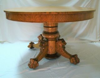 Antique Round Oak Dining Table 48 " Lion Head Claw Foot