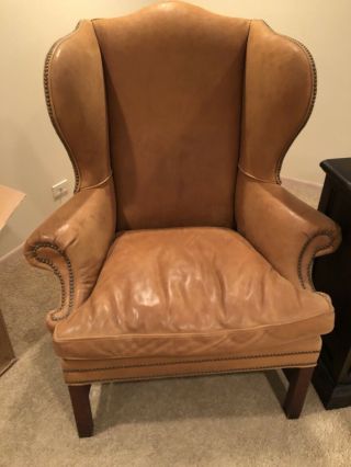 Classic Ralph Lauren Cognac Leather Nailhead Wingback Chair