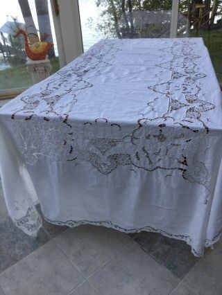 Vintage Style White Cotton Rectangle Tablecloth W Embroidery Large 112 " X 62 