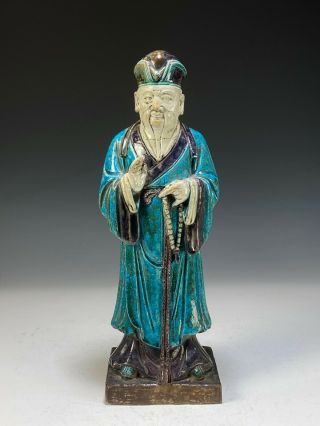 Large Antique Chinese Turquoise Glazed Porcelain Statue Of Standing Figure - Ming