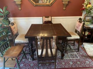 English Antique Oak Barley Twist Draw Leaf Dining Table And 4 Chairs