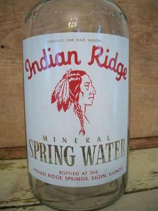 Vintage Indian Ridge Mineral Spring Water Bottle 1/2 Gallon,  Elgin,  Il / Euc