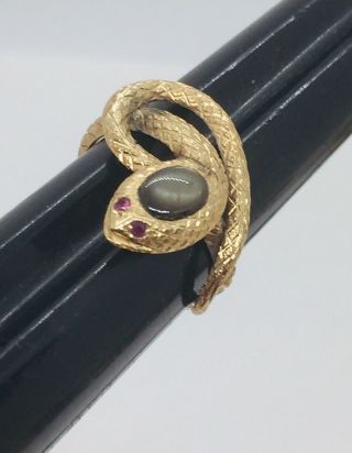 Antique Victorian 18k Yellow Gold Black Star Sapphire Ruby Eye Snake Ring Size 7