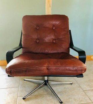 Vintage Danish Mid Century Leather And Chrome Lounge Chair 1970s