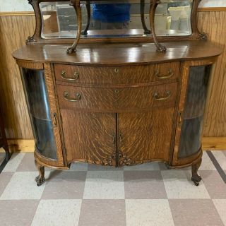 Antique Quarter Sawn Oak Sideboard with Curved Glass Doors & Claw Feet 3