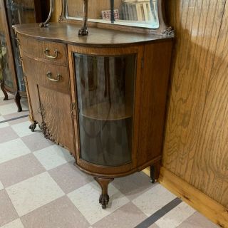 Antique Quarter Sawn Oak Sideboard with Curved Glass Doors & Claw Feet 6