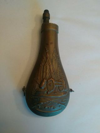 Vintage Brass Black Powder Gun Flask Horn Spirit Of America Scene