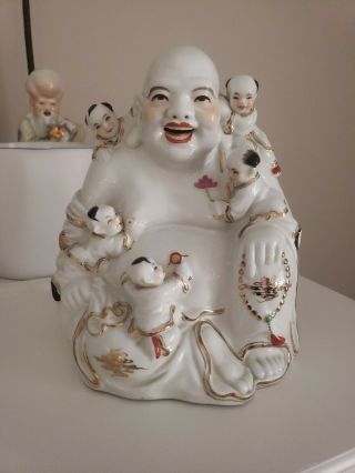 Vintage Chinese Porcelain Happy Buddha W/ 5 Children Statue