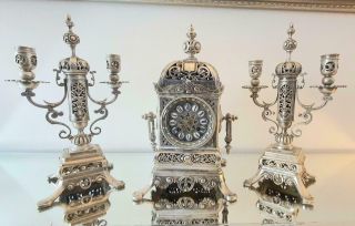 Antique French Mantle Clock Cubed Silvered Bronze 8 Day Garniture Set