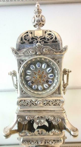 Antique French mantle Clock Cubed Silvered Bronze 8 Day Garniture Set 2