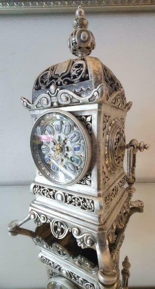 Antique French mantle Clock Cubed Silvered Bronze 8 Day Garniture Set 3