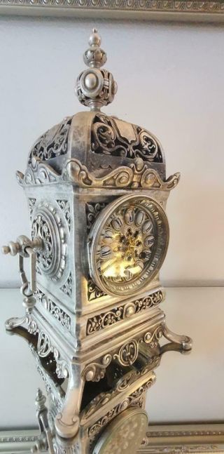 Antique French mantle Clock Cubed Silvered Bronze 8 Day Garniture Set 4