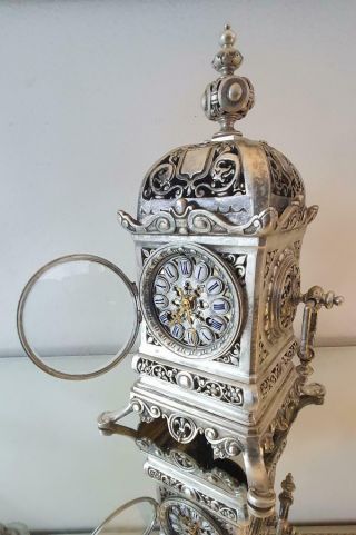 Antique French mantle Clock Cubed Silvered Bronze 8 Day Garniture Set 5