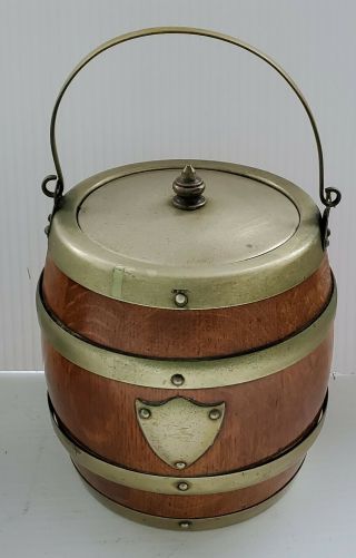 Antique Wood Barrel Tobacco Jar Porcelain Lined Shield Lid Humidor