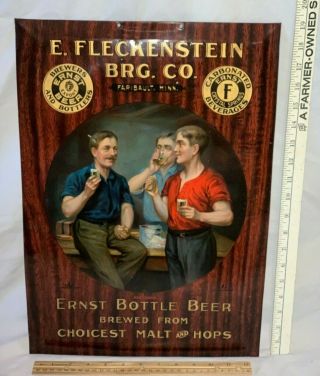 Antique Fleckstein Brewing Bottle Beer Tin Litho Sign Faribault Mn Ernst Brewery