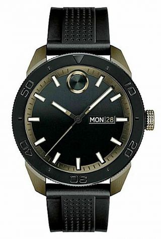 $450 Movado Bold Mens Black 43mm Dial Khaki Ion Black Band Swiss Watch 3600452