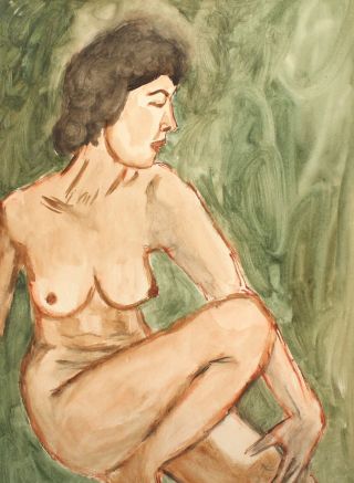 Vintage Impressionist Watercolor Painting Nude Woman Portrait