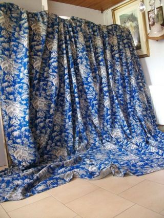 Large Antique French Chateau Prussian Blue Curtain Panel 110 " X 160 "