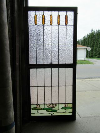 Antique Stained Glass Windows Cat Tails Lily Pads Double Hung Salvage