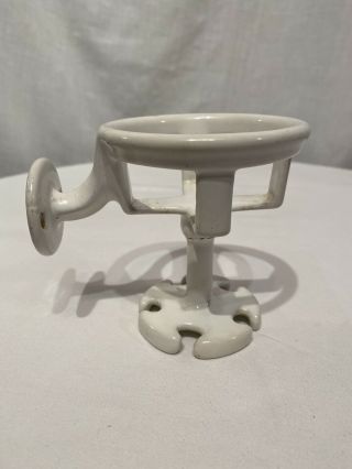 Vintage Cast Iron White Enameled Porcelain Cup & Toothbrush Wall Mount Holder