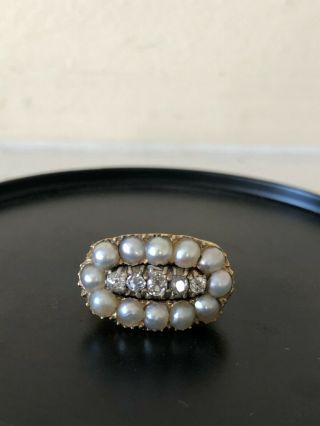 Stunning Antique 18k Gold,  Old Cut Diamond And Pearl Cluster Ring Size 6.  25