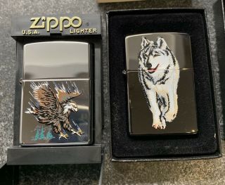 2 Unstruck 2002 & 2004 Vintage Zippo Lighter Case Eagle Box Wolf Animal Wildlife