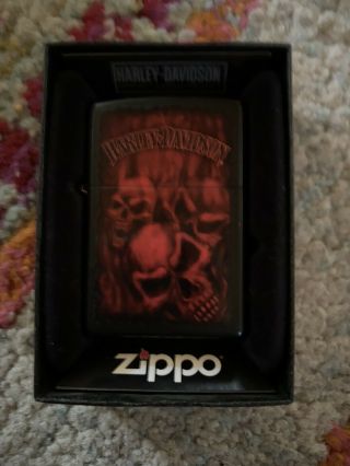 Zippo Harley Davidson Black Matte Lighter With Red Skulls,  28826,  Sinister Red