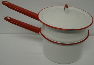Vintage Enamel Ware White And Red Trim Double Boiler Farm House Find