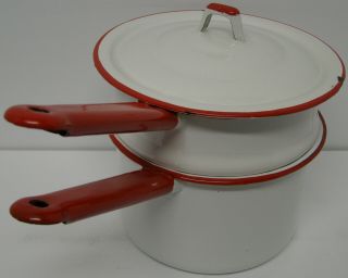 Vintage Enamel Ware White And Red Trim Double Boiler Farm House Find 2