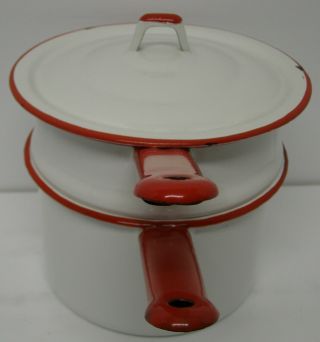 Vintage Enamel Ware White And Red Trim Double Boiler Farm House Find 3