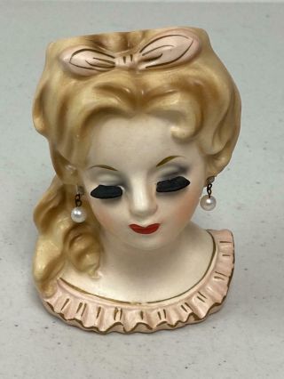 Vintage Unmarked Lady Head Vase Pink Dress & Hair Bow,  Earrings 4.  5 " Tall