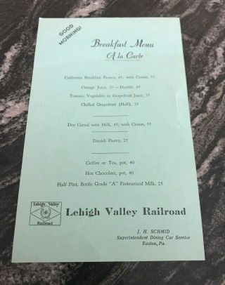 Vintage Lehigh Valley Railroad Dining Car Breakfast Menu Lvrr Easton Pa