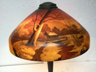 Antique Phoenix Reverse Painted Lamp Landscape Trees Water Cottage Scene 16 "