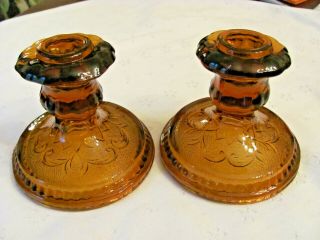 Vintage Tiara Indiana Glass Amber Sandwich Glass Candle Stick Holders