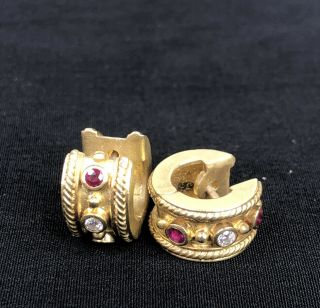 Vintage Heavy 18k Gold Diamond & Ruby Curved Earrings 13.  5g