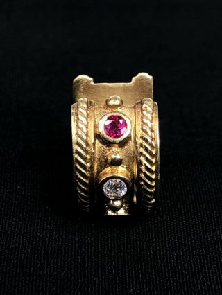 Vintage Heavy 18K gold diamond & ruby curved earrings 13.  5g 2