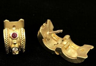 Vintage Heavy 18K gold diamond & ruby curved earrings 13.  5g 5