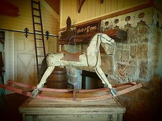 Antique Turn Of The Century Large Primitive Wooden Rocking Horse With Provenance