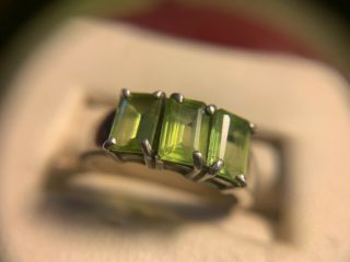 Vintage Light Green Sterling Silver 3 Stone Ring,  Size 6.  5