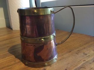 Antique Copper Mug Brass Banded Tankard Rich Patina Vtg Primitive Metalware