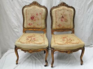 Antique Pair French Louis Xv Style Giltwood Side Chairs Aubusson Seats & Backs
