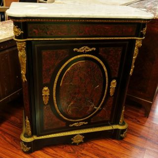19th C French Napoleon Iii Ebonized And Boulle Inlaid Marble Top Side Cabinet