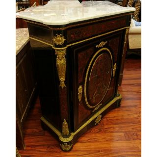 19th C French Napoleon III Ebonized and Boulle Inlaid Marble Top Side Cabinet 2