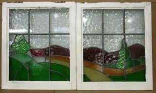 Old English Stained Glass Windows Pretty Cottage Scene 20.  5 " X 24 " Each