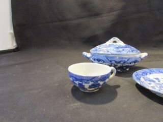 Vintage CHILD ' S 4 Piece TEA SET BLUE WILLOW; Made Japan; TUREEN LID CUP PLATE 3