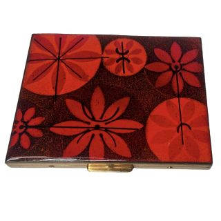 Vintage Mid Century Brass Cigarette Case Or Card Holder Box Red Floral