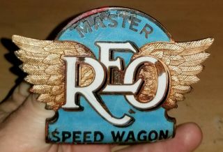 Antique Reo Master Speedwagon Enamel Brass Radiator Emblem Badge Automobilia